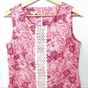 TALBOTS Sheath Dress Sleeveless Shell Print Pink White Crochet Lace Trim Size 8